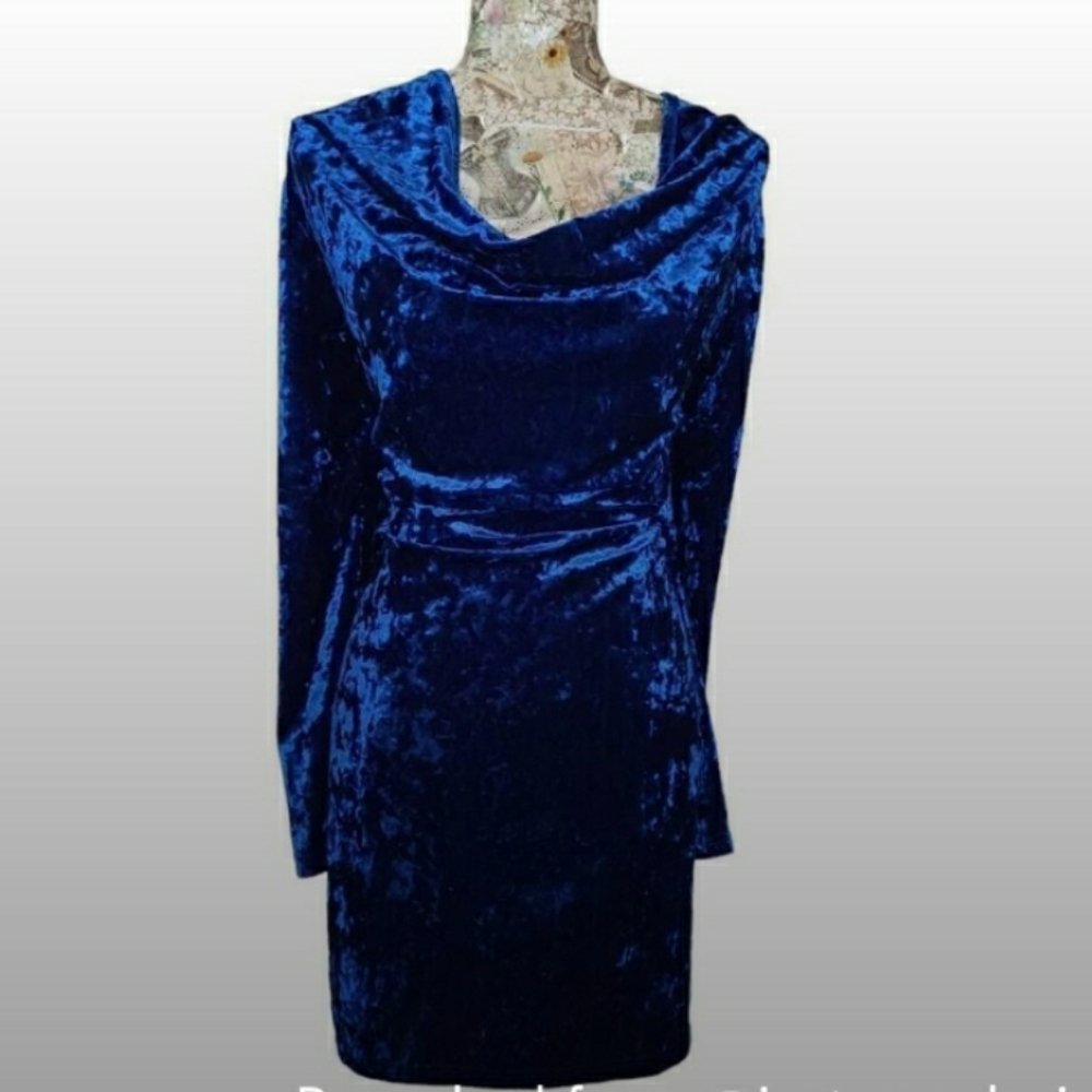 Blue Crushed Velvet Long Sleeve Cowl Neck Stretch Bodycon Curve Hugging Dress